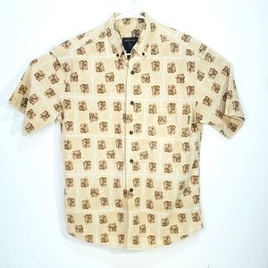 Woolrich Men's Med Short Sleeve Button Down Shirt All Over Deer British Tan